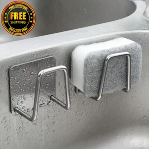 2-Pcs Stainless Steel Sponge Holder For Sink Non-punch Drain Rack With Hooks - Picture 1 of 6