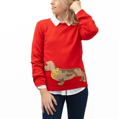 Womens Jumper Red Sausage Dog Intarsia Pullover Animal Crew Fun Supersoft Ladies - Image 1 of 4