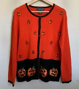 Terazzo Womens Halloween Cardigan Orange Black Sequin Pumpkins Buttons Size M - Picture 1 of 7