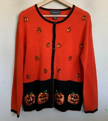 Cárdigan de Halloween Terazzo para mujer naranja negro lentejuelas calabazas botones talla M Foto 1 de 4