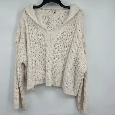 Suéter corto con capucha Pol para mujer talla mediana blanco roto tejido con cable Foto 1 de 4