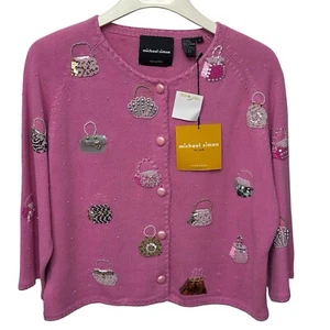 Michael Simon Vintage Rosa Perlen Handtasche Pullover Strickjacke Gr. XL Neu Mit Etikett - Bild 1 von 11