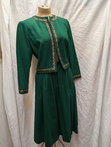 Vtg 1960's Green Wool Blend Gold-Green-Red Metallic Trim Skirt Suit Bettina M - Picture 1 of 10