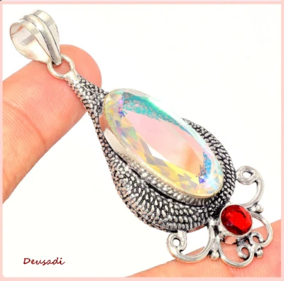 Pendente Prezioso Argento 925 Topazio Arco Ires Fuoco E Pietra Preziosa Garnet - Immagine 1 di 2