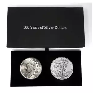 1924 - Peace und 2024 Silver Eagle - 100 Jahre Silber Dollar Set im Deluxe Holder - Bild 1 von 10