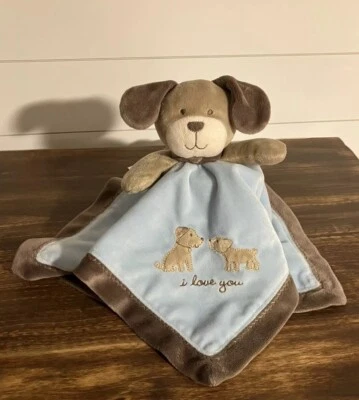 CARTER'S Puppy Dogs Lovey I Love You 毛绒摇铃蓝色棕色婴儿毯 15 英寸 — 第 1/4 张图片