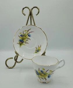 Royal Ascot Teetasse Untertasse Weizen blau lila Blume Goldrand Jakobsmuschel Fuß - Bild 1 von 12