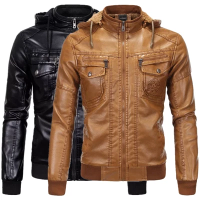 Chaqueta de cuero de motociclista para hombre PU con capucha forrada de lana calce ajustado cuello alto locomotora Foto 1 de 4