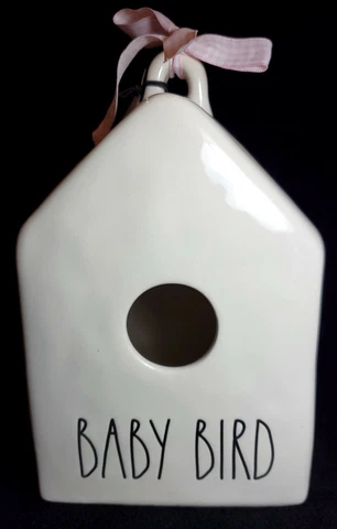 Rae Dunn BABY BIRD Birdhouse Pink/White Gingham Bow NEW Cover