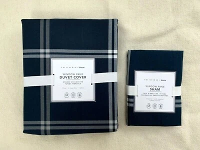 New Pottery barn Teen Windowpane Duvet Cover & Sham Navy White Plaid cotton
