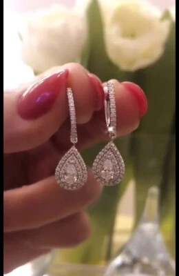 Brincos antigos pendurados em gota simulada de diamante de pera branca 2,56 quilates ouro branco 14k - Imagem 1 de 2