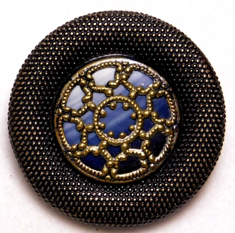 LARGE Antique Vtg Cobalt Blue CELLULOID in Brass BUTTON NICE Cover