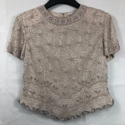 Adrianna Papell 100% SILK BEADED Short Sleeve Zip Up Top Blouse PETITE 8 (T21) - Image 1 of 4