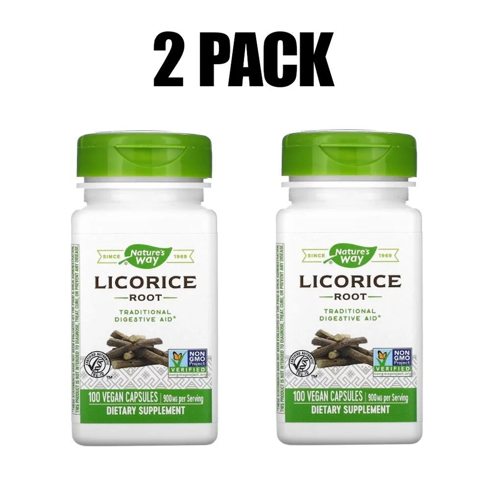 Nature's Way, raíz de regaliz, 2 PACK, 450 mg, 100 cápsulas veganas cada una Foto 1 de 3