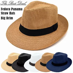 Unisex Summer Panama Beach Sun Big Brim Hat Cap Fedora Flat Brim Straw Paper Hat - Picture 1 of 12