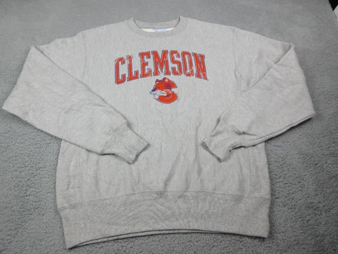 Clemson Tigers Sweater Mens Medium Gray Logo Reverse Weave Sweatshirt Champion Cover