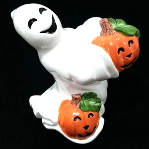 Fitz and Floyd Happy Ghost & Pumpkin Candle Holder 2004 Halloween Jack O Lantern - Picture 1 of 8