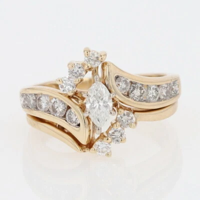 Conjunto de anéis de casamento de ouro amarelo 14k com diamante marquesa com detalhes 0,85 ctw tamanho 5,5 - Imagem 1 de 4