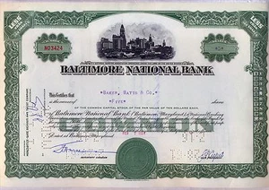 Certificado de acciones del Banco Nacional de Baltimore verde Maryland - Imagen 1 de 1