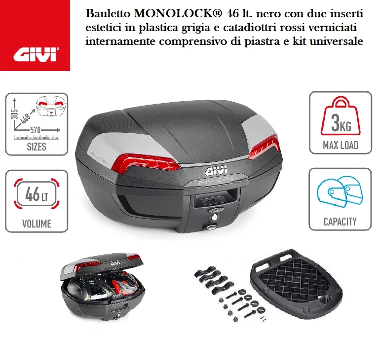 E46N2 GIVI BAULETTO 46L RIVIERA COVER GRIGIO CAT.ROSSO CON PIASTRA UNIVERSALE