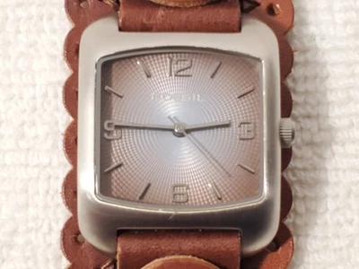Vintage Fossil Stainless Steel Women's Quartz Watch One Jewel Wide Brown Leather - Image 1 of 4