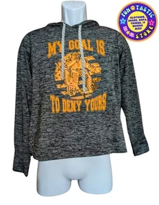 UNISEX LONG SLEEVE HOODIE GREY HEATHER HOCKEY 'My Goal Is To Deny Yours' Sz S. - Picture 1 of 10
