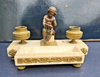 ENCRIER BRONZE PUTTI ANGELOT  CHERUBIN ALBÂTRE MARBRE LOUIS XVI  INKWELL - Photo 1/4