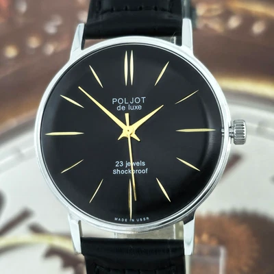 Poljot De Luxe ULTRA SLIM Soviet Wristwatch 2209 Black Dial Vintage Watch USSR - Image 1 of 4