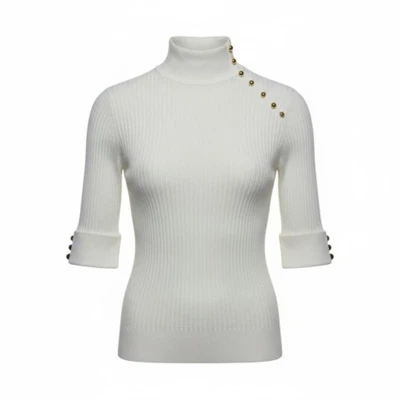 Evie Sweater Womens Large White Ribbed Mock Neck Half Sleeve Stretch Fitted - Image 1 of 4
