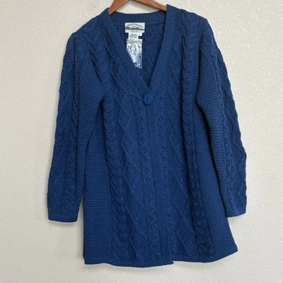Aran Crafts Womens Sweater 100% Merino Wool Cable Knit Full Zip Blue Sz L Large - Image 1 of 4