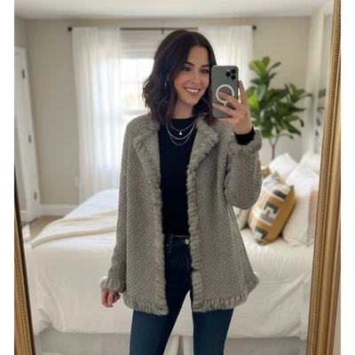 Cárdigan suéter gris tejido canasta recortado de piel Jones New York para mujer talla L Foto 1 de 4