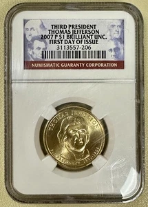 2007 P Thomas Jefferson President Brilliant UNC First Day of Issue NGC  Dollar - Picture 1 of 2
