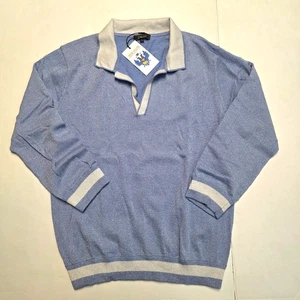 New $218 PURE AMICI 3/4 Sleeve Polo Sweater Women LARGE L Blue SILK COTTON Blend - Picture 1 of 6