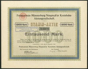Alemania: Frankenstein-Münsterberg-Nimptsch'er Kreisbahn AG, 1000 marcos compartidos... - Imagen 1 de 1