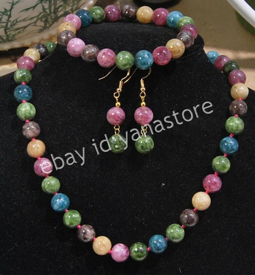 Natürliche Mehrfarbig Turmalin Rund Edelstein Perlen Halskette Armband Ohrring - Bild 1 von 4