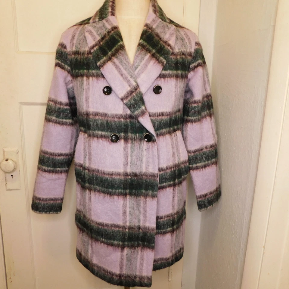 HALOGEN Womens Sz M Wool Blend Brushed Plaid Purple Double Breasted Coat - Image 1 of 4