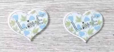 wood heart love sewing buttons 2 holes 1 inch green blue flower 2pc - Image 1 of 2