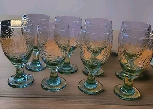 8 Vtg Greenish Goblet Glass With Etched FRUIT Design - Picture 1 of 4