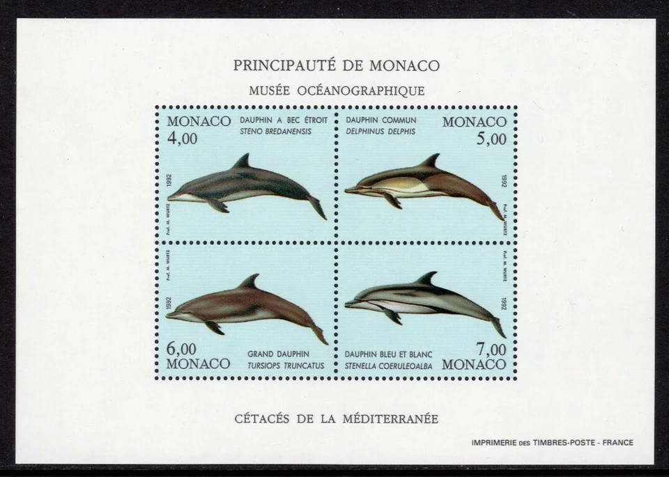 Monaco Scott #1813 en estado bastante bueno MNH 1992 mamíferos marinos - hoja de recuerdo de delfines Foto 1 de 1