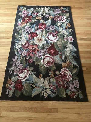 Vintage Needlepoint Hand Embroidered Black Floral Wool Rug/wall Hanging 47”x77” - Image 1 of 4