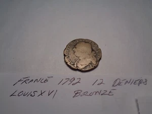 ANTIQUE FRANCE 1792 BRONZE LOUIS XVI 12 DENIERS COIN - Picture 1 of 7