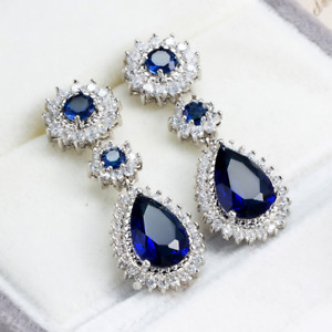 Women Sapphire Blue Cz Dangle Teardrop Heart Chandelier Silver Earrings Studs Az