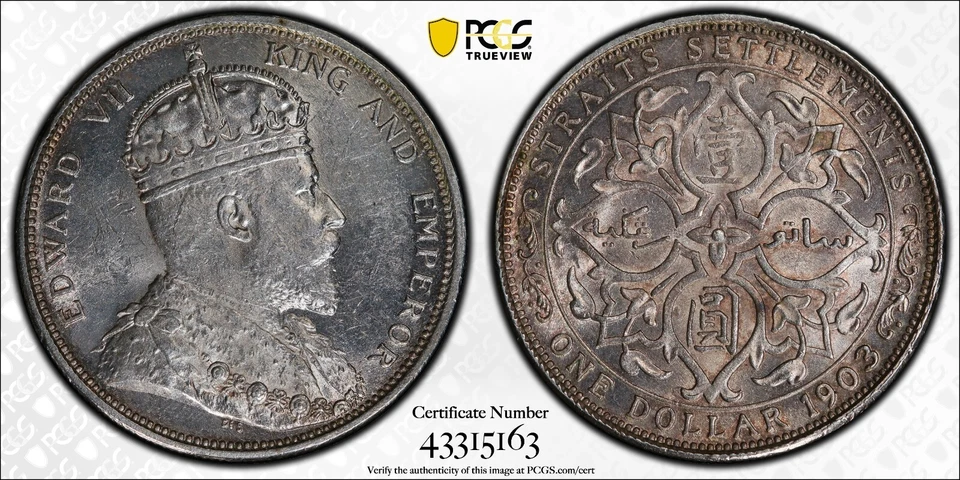 Moneda rara Ms61 1903 B Straits Settlements $1 dólar pieza Foto 1 de 1