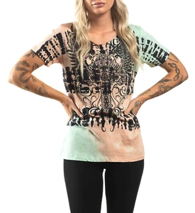 Affliction Women's T-Shirt Emerald Ash Biker Tattoo - Picture 1 of 5