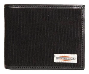 Harley-Davidson Men's Patch Cotton Canvas & Leather Bi-Fold RFID Wallet - Black - Picture 1 of 3