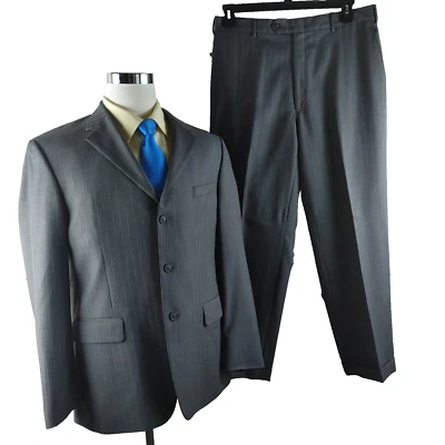 Andrew Fezza 42R Wool 3 Button Gray Striped 2pc Suit 34x28 Flat Front - Image 1 of 4