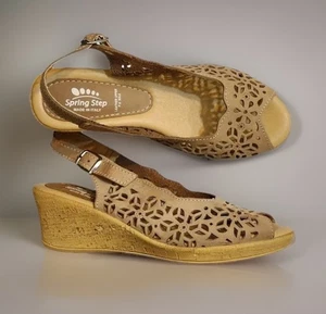 Spring Step brown Wedge peep toe comfort Sandals Women Size 6.5-7 Made in Italy - Picture 1 of 16