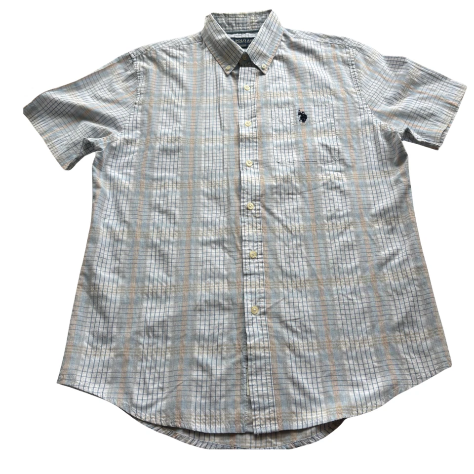 U.S. Polo Assn. Мужская рубашка с коротким рукавом M на пуговицах клетчатая синяя бежевая клетчатая - Изображение 1 из 4