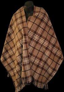 Martha Stewart Wrap Plaid Blanket Poncho Brown Beige One Size Fringe Hem  - Picture 1 of 5