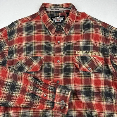 Рубашка мужская Harley-Davidson 2XL красная черная клетчатая фланелевая с длинным рукавом на пуговицах - Изображение 1 из 4